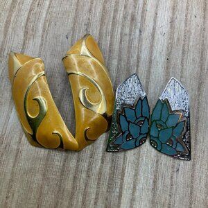 Berebi Blue Enamel Flower Silver Tone & Yellow Gold Tone BUNDLE Earrings